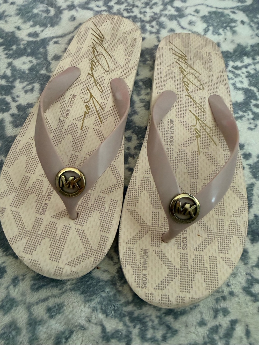 Michael Kors Nude Taupe Logo Jelly Flip Flop Sandals with Gold MK Emblem